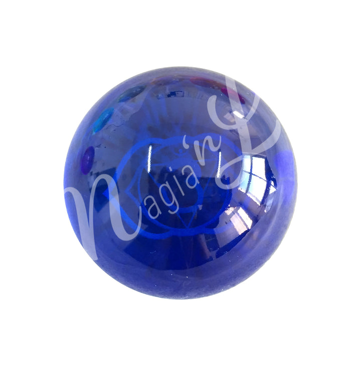 A dark blue sphere featuring the third eye chakra symbol.