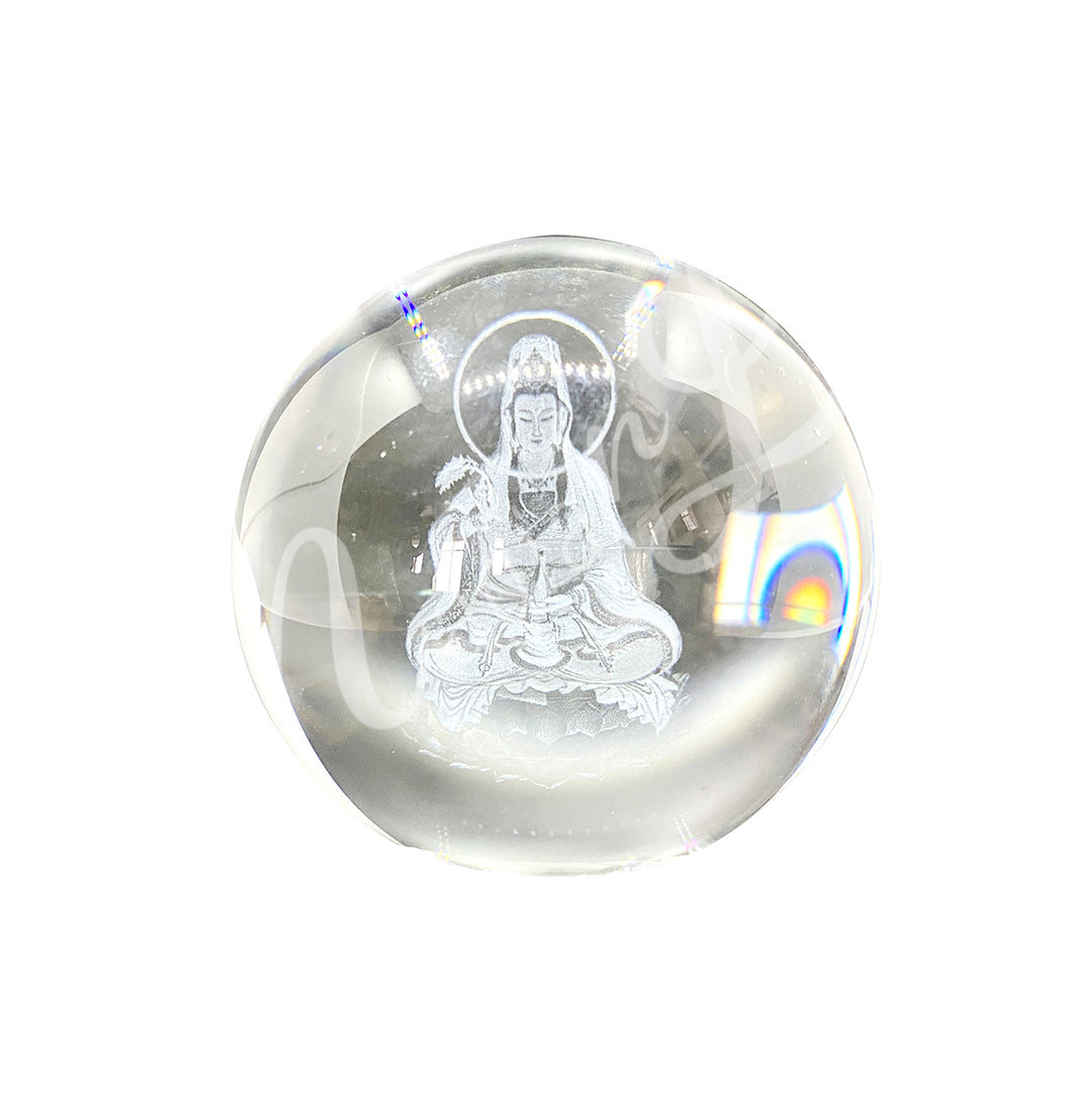 Sphere Clear Glass with Kwan Yin Engraved 3"