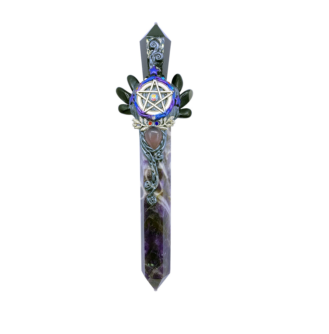 Athame Black Obsidian with Amethyst Point 7.5"