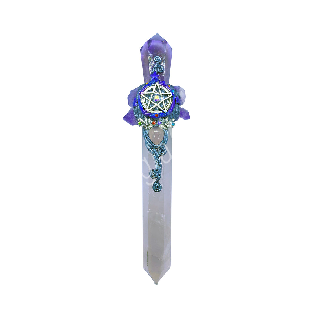 Athame made from Amethyst and Rose Quartz. A pentacle and decorations on the front.