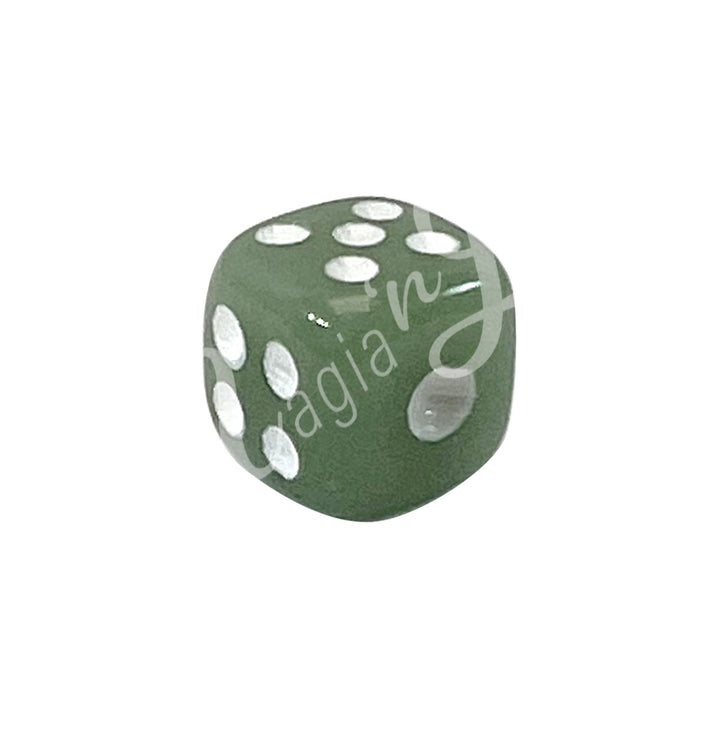 A polished green aventurine gemstone dice with white engraved dots.