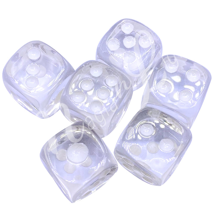 Set of six polished crystal quartz gemstone dice with white engraved dots.