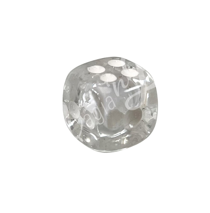 A polished crystal quartz gemstone dice with white engraved dots.