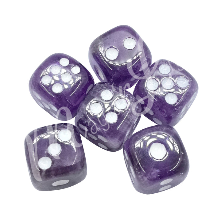 Set of six polished amethyst gemstone dice with white engraved dots.