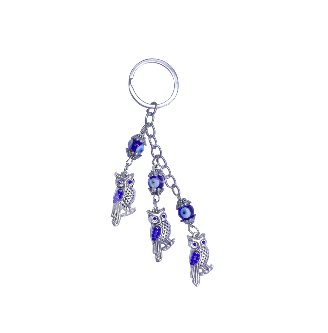 Keychain Three Owls w Evil Eye beads 5″L