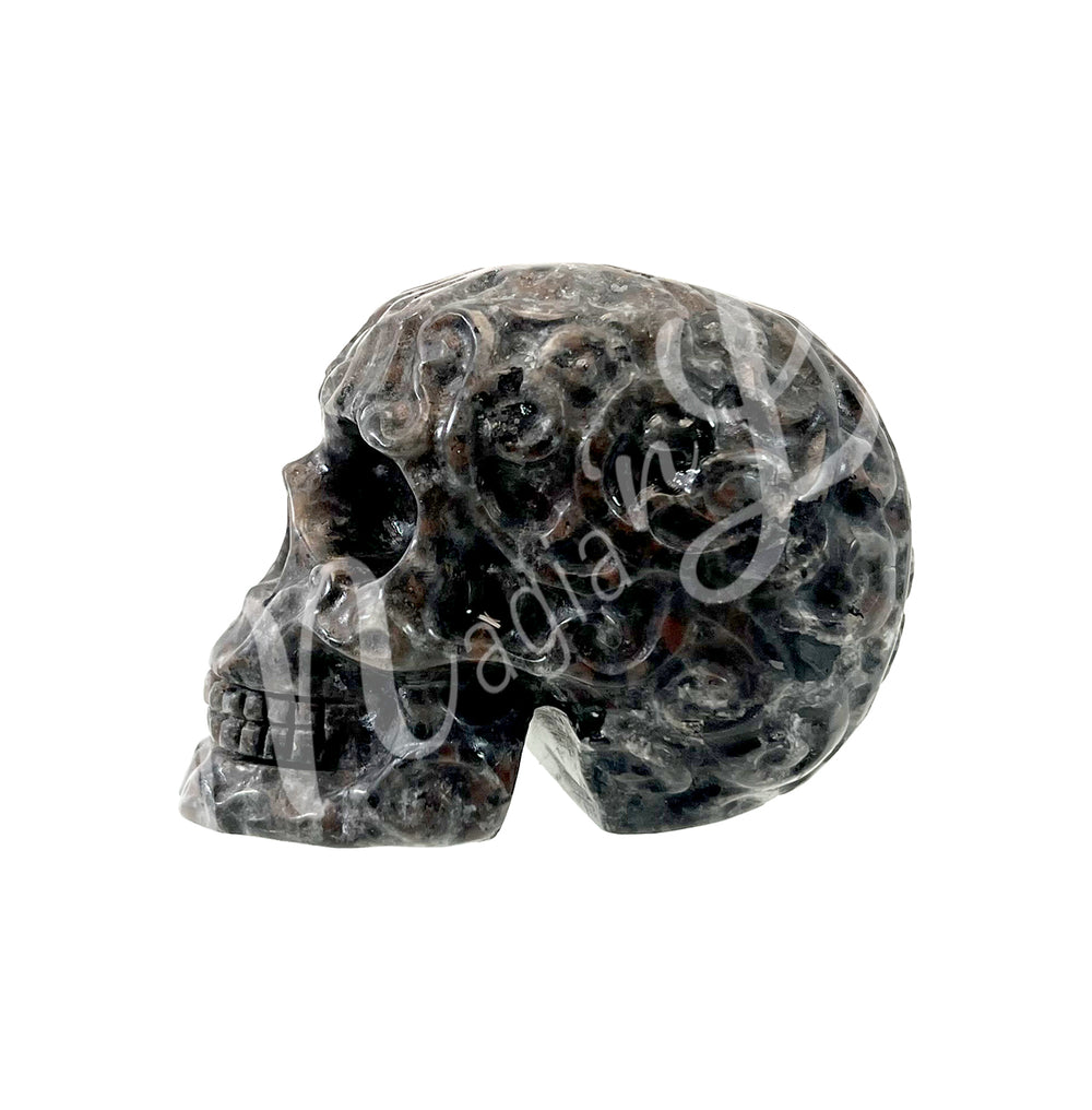 Polished gemstone skull carving with detailed features in dark gray and smoky tones. Seen from the side.