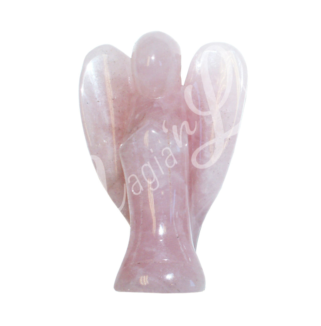 A carving of an angel made of rose quartz.