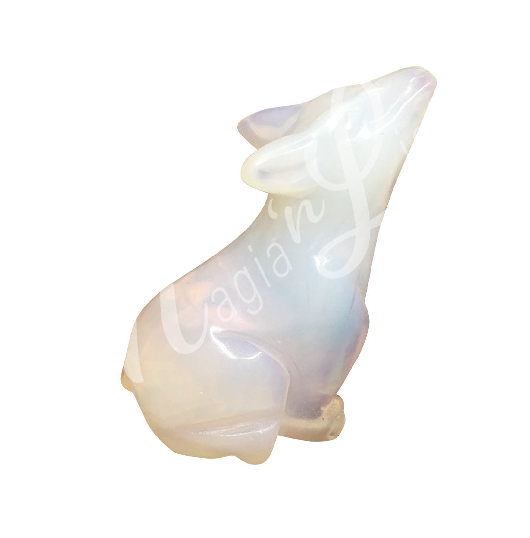 A carving of a wolf, made of opalite.