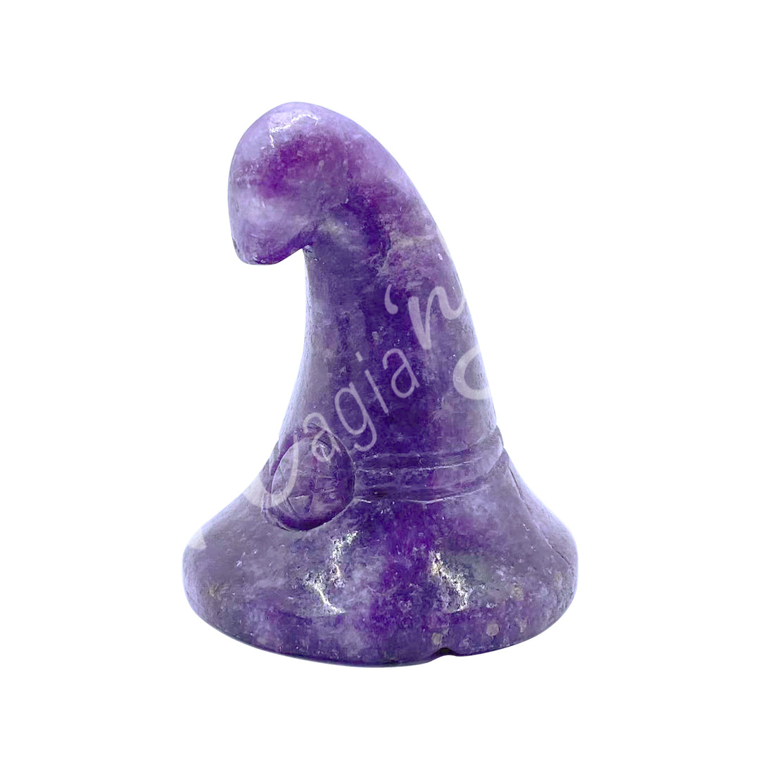 A carving of a witch's hat, made of lepidolite.