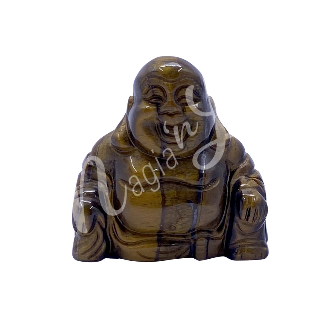 A carving of a happy Buddha made of tiger eye.