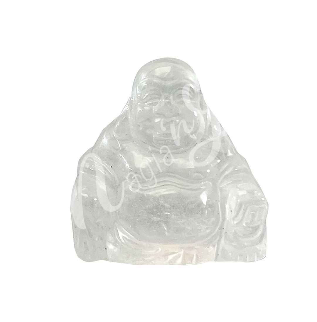 A carving of a happy Buddha made of crystal quartz.