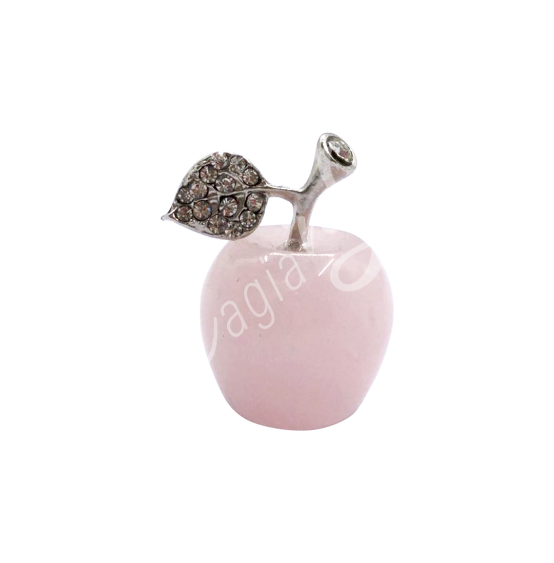 A rose quartz apple with a silver metal stem and cz leaf.