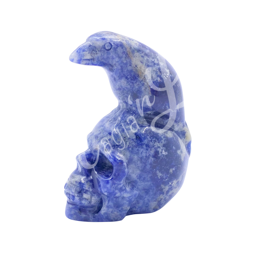 A polished raven on a skull carving made of sodalite.