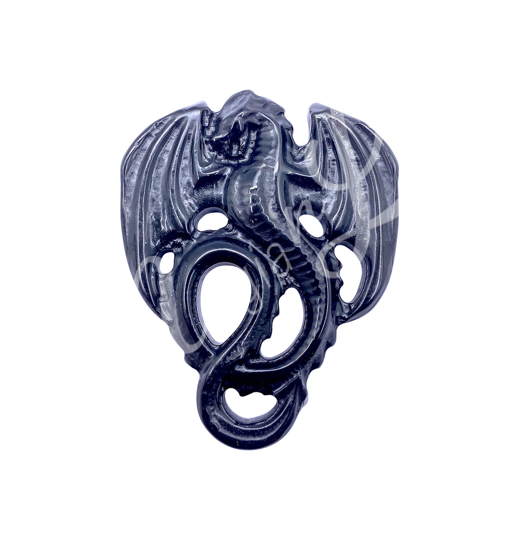An open wings dragon with a long tail made of black obsidian.