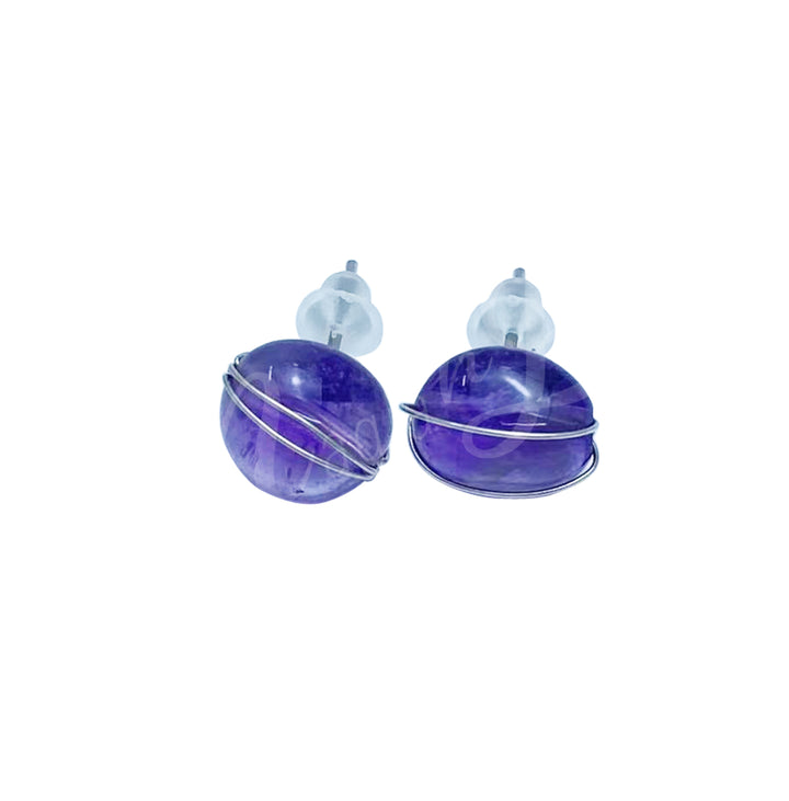 Sterling Silver Earring Studs Amethyst Wire Wrapped 7-8mm