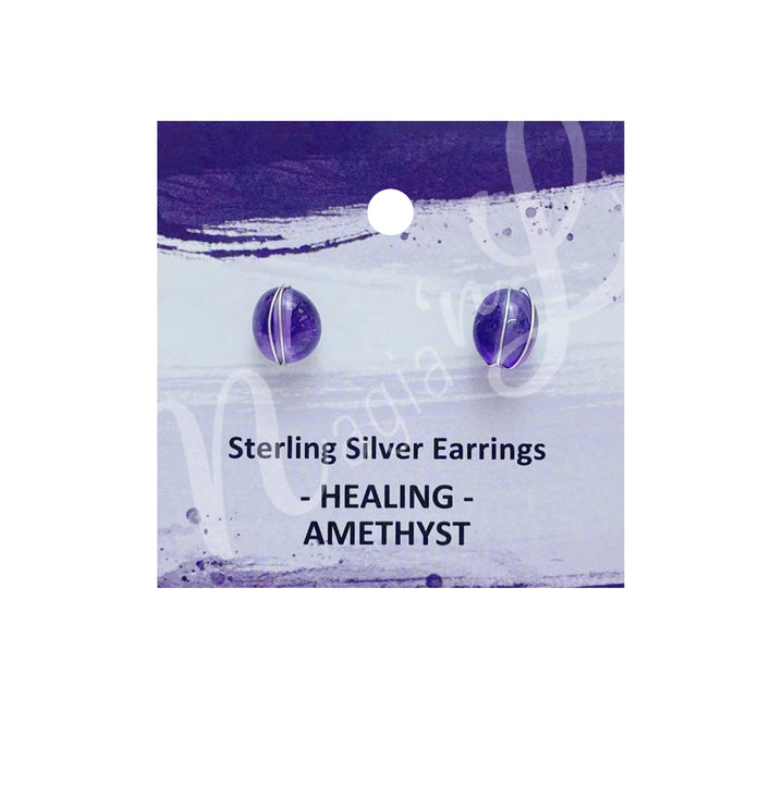 Sterling Silver Earring Studs Amethyst Wire Wrapped 7-8mm
