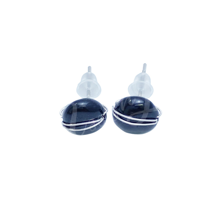 Sterling Silver Earring Studs Black Tourmaline Wire Wrapped 7-8mm