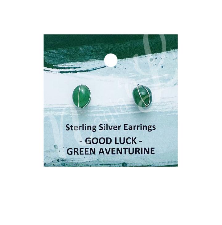 Sterling Silver Earring Studs Green Aventurine Wire Wrapped 7-8mm