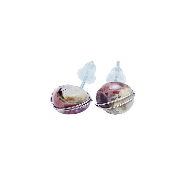 Sterling Silver Earring Studs Rhodonite Wire Wrapped 7-8mm