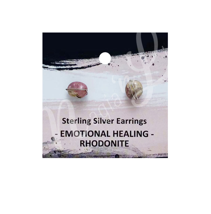 Sterling Silver Earring Studs Rhodonite Wire Wrapped 7-8mm