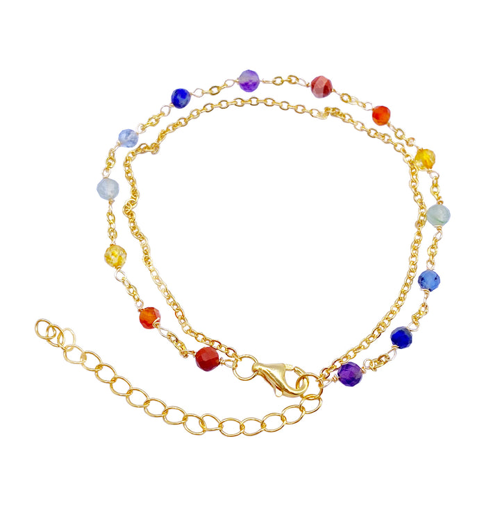 Sterling Silver Bracelet Double Row Chain with Faceted Chakra Stones 8.5"L