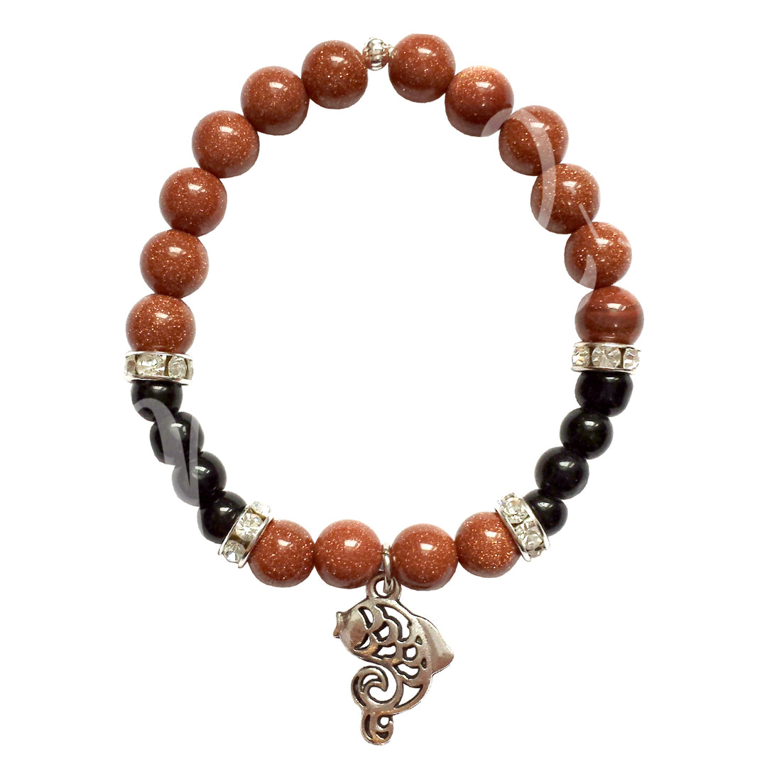Bracelet Goldstone & Black Agate with Lucky Fish Charm (8-8.5mm) 7.15-7.25″