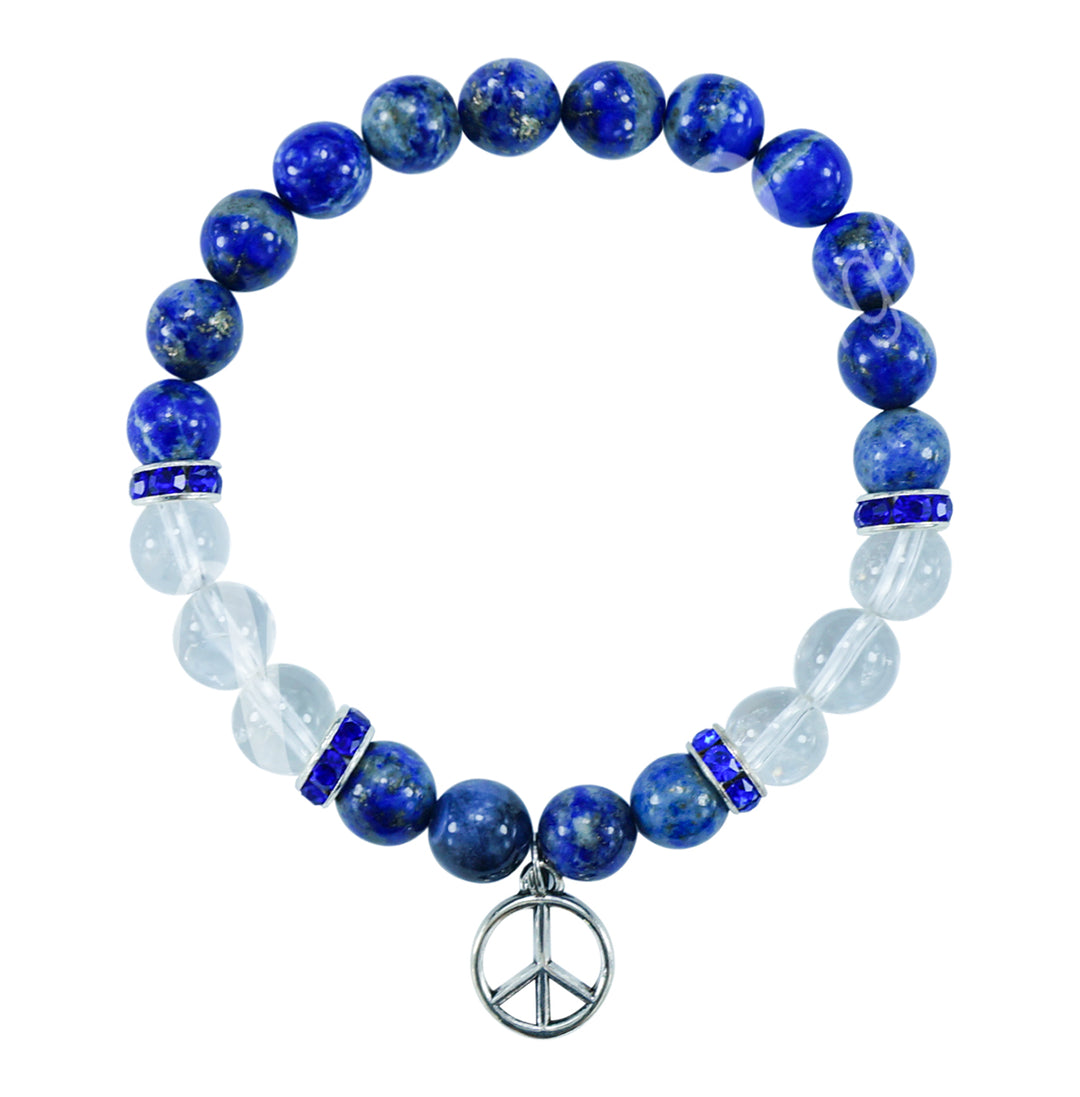 Bracelet Lapis Lazuli & Crystal Quartz with Peace Sign Charm (8-8.5mm) 7.15-7.25"