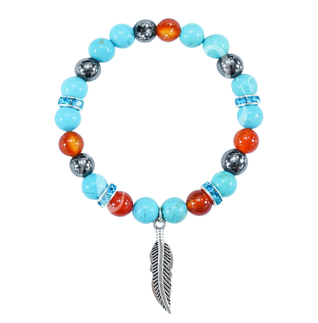 Bracelet Turquoise, Carnelian & Hematite with Feather Charm (8-8.5mm) 7.15-7.25"
