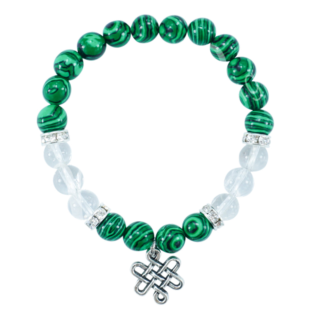 Bracelet Synthetic Malachite & Crystal Quartz with Celtic Knot Charm (8-8.5mm) 7.15-7.25"