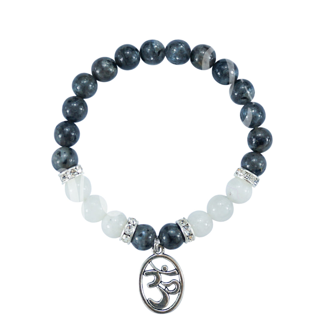 Bracelet Labradorite & Rainbow Moonstone with Om Charm (8-8.5mm) 7.15-7.25"