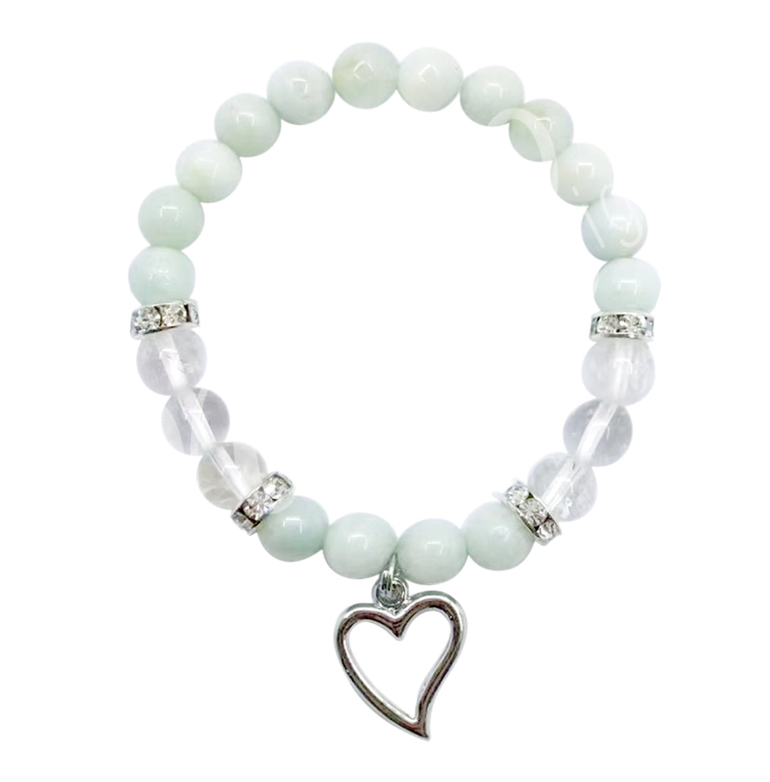 Bracelet Amazonite & Crystal Quartz with Heart Charm (8-8.5mm) 7.15-7.25"