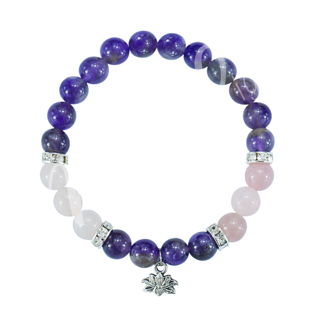 Bracelet Amethyst & Rose Quartz with Lotus Charm (8-8.5mm) 7.15-7.25"