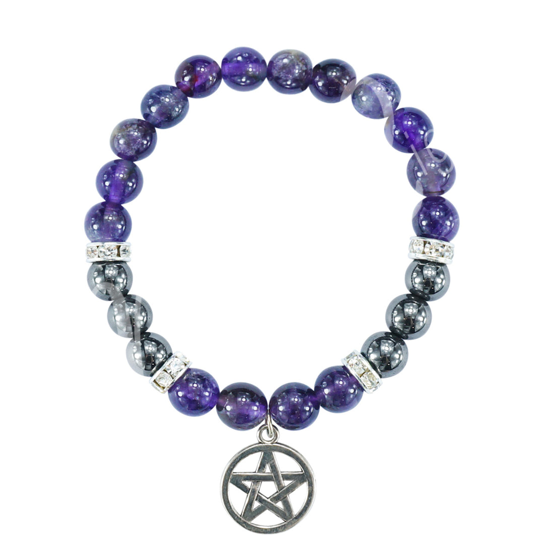 Bracelet Amethyst & Hematite with Pentacle Charm (8-8.5mm) 7.15-7.25"
