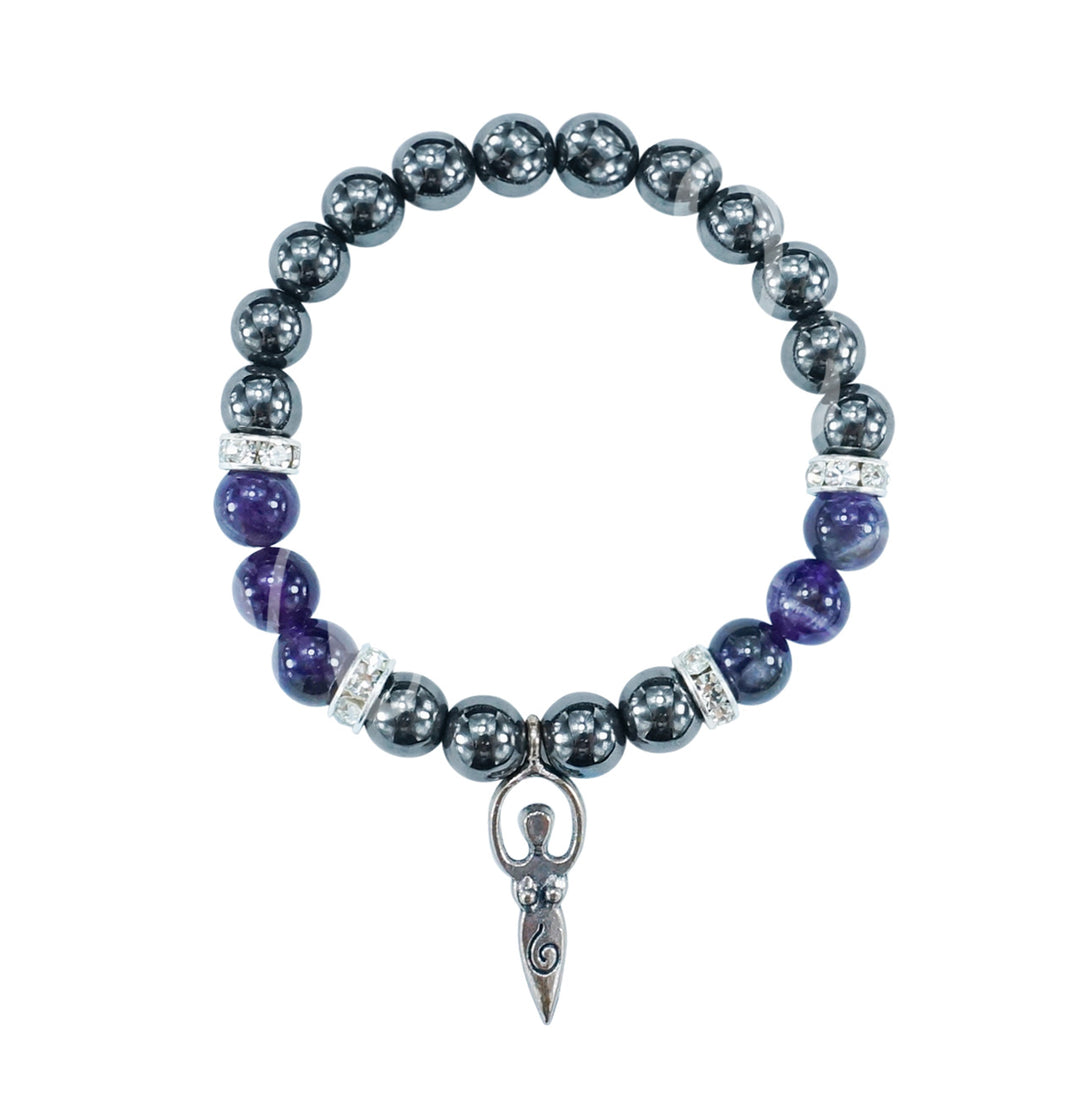 Bracelet Hematite & Amethyst with Goddess Charm (8-8.5mm) 7.15-7.25"