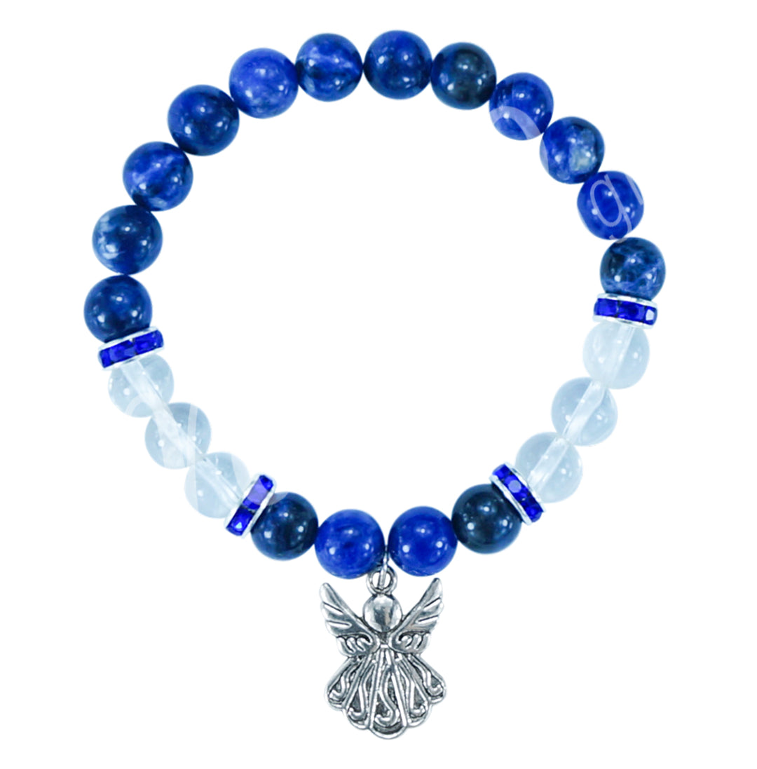 Bracelet Sodalite & Crystal Quartz with Angel Charm 7.15-7.25″