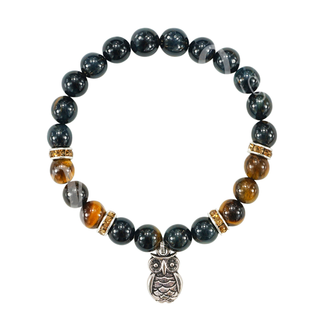 Pulsera Ojo de Tigre, Azul y Marrón con Dije de Búho (8-8,5 mm) 7,15-7,25"