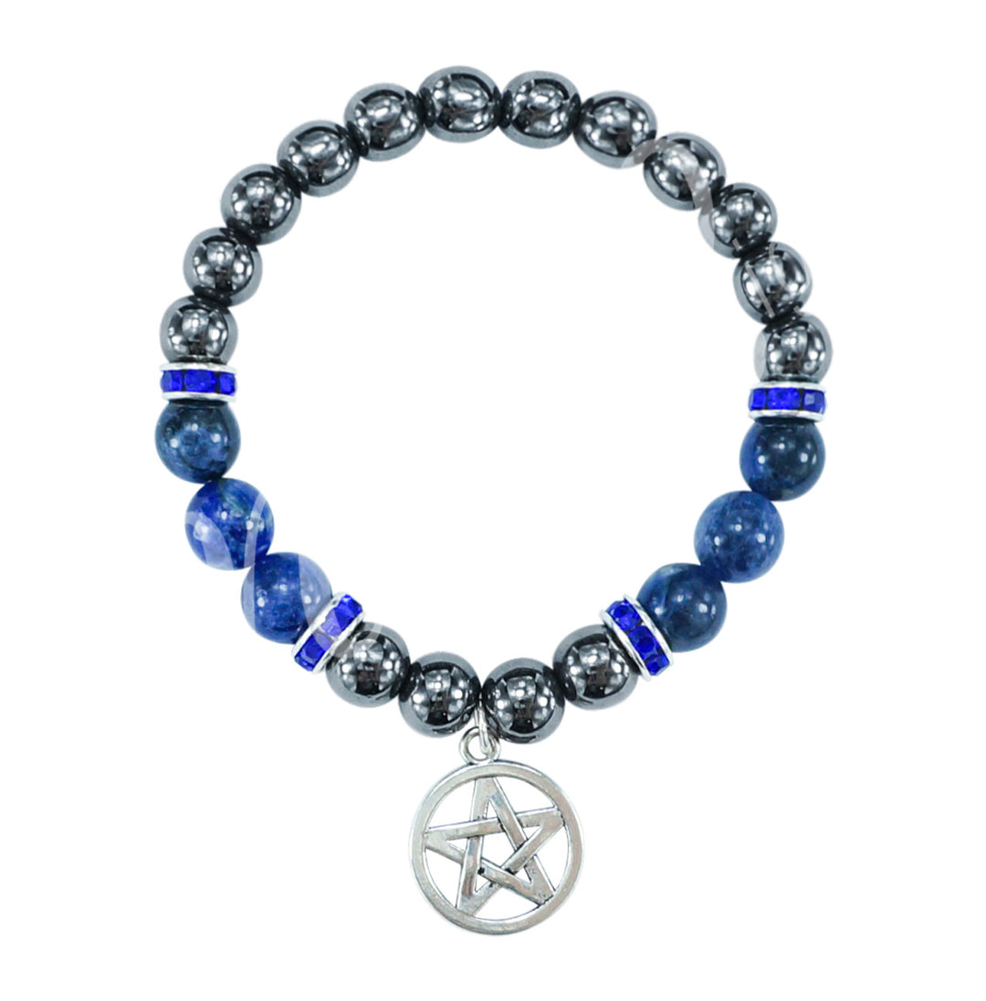Bracelet Hematite & Sodalite with Pentacle Charm (8-8.5 mm) 7.15-7.25"
