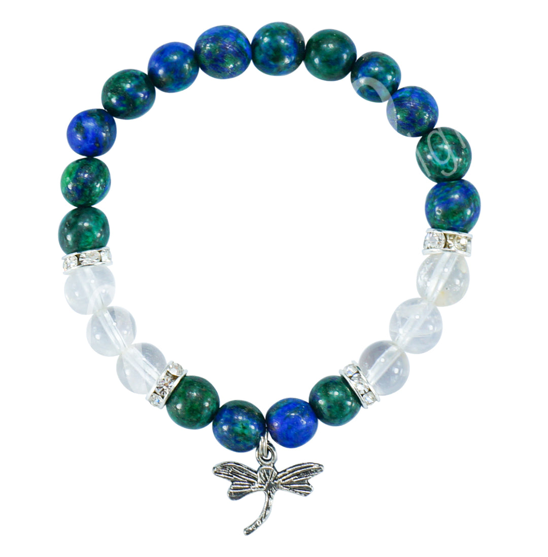 Bracelet Dyed Chrysocolla & Crystal Quartz with Dragonfly Charm (8-8.5mm) 7.15-7.25"
