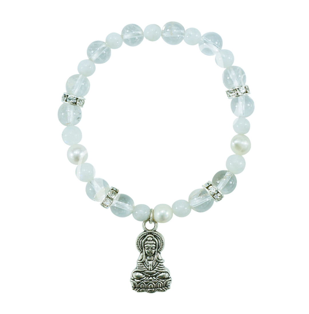 Bracelet Crystal Quartz & Rainbow Moonstone Pearls with Kwan Yin Charm (8-8.5mm) 7.15-7.25"