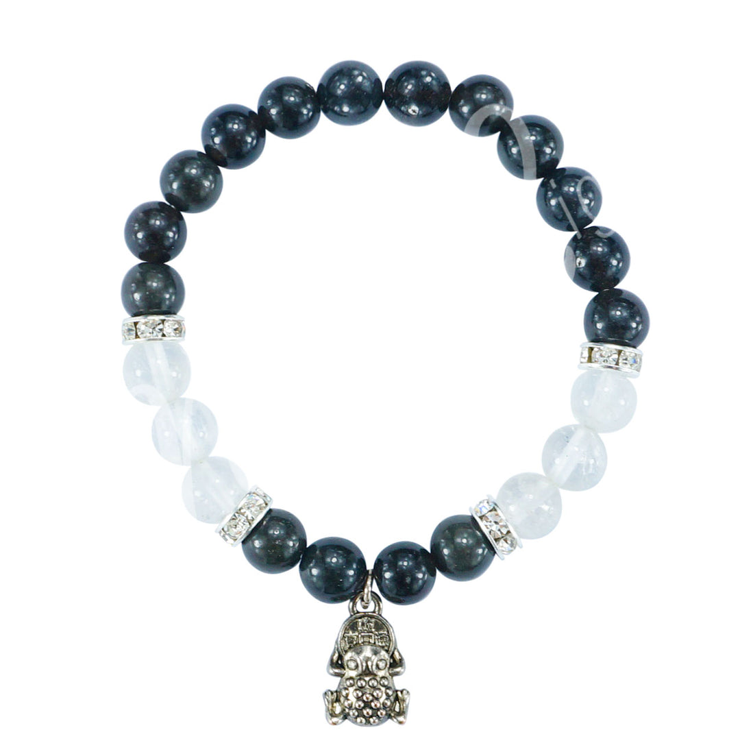 Bracelet Golden Sheen Obsidian & Crystal Quartz with Frog Charm (8-8.5mm) 7.15-7.25"