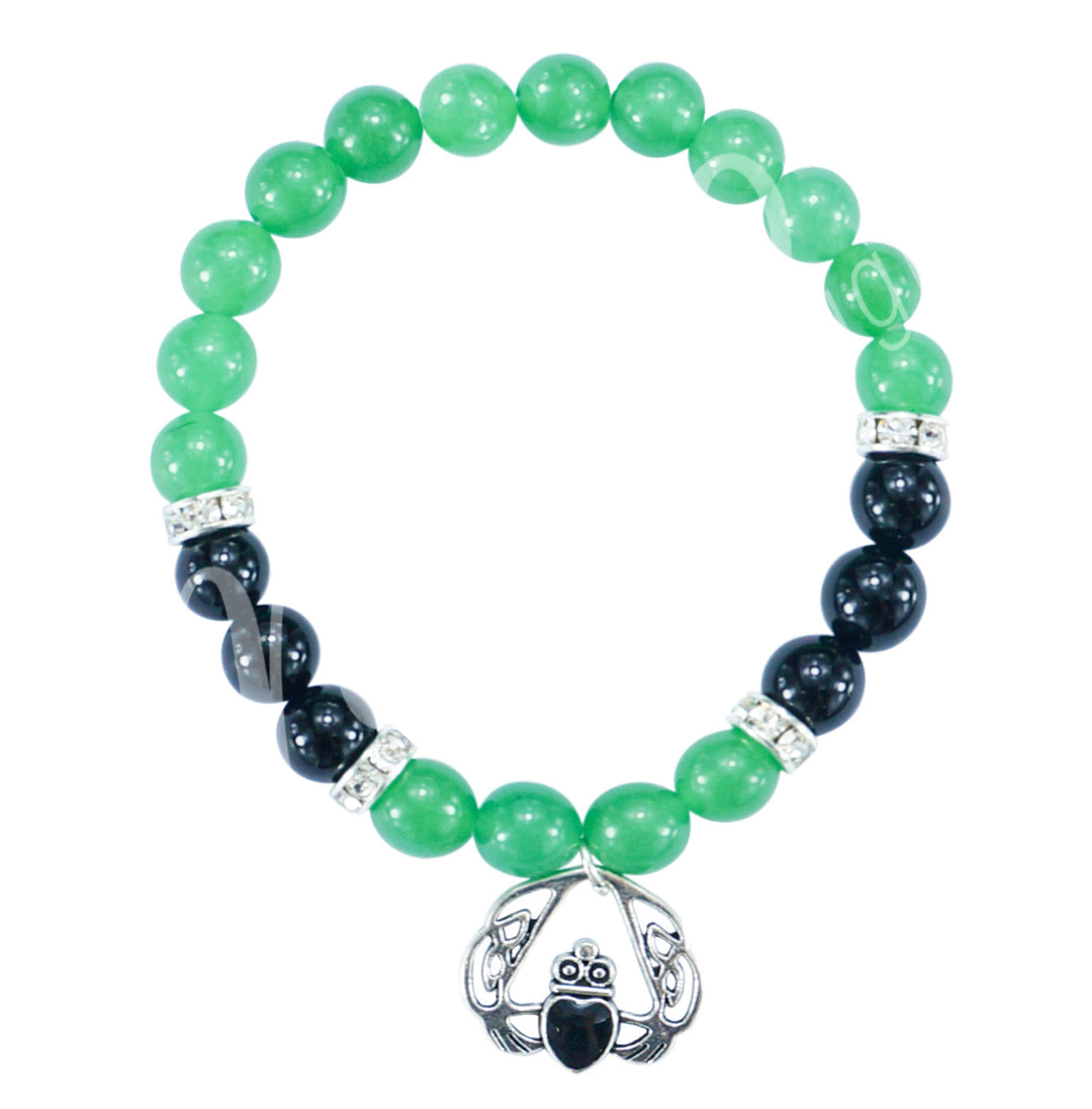 Bracelet Green Aventurine & Black Onyx with Claddagh (8-8.5mm) 7.15-7.25"