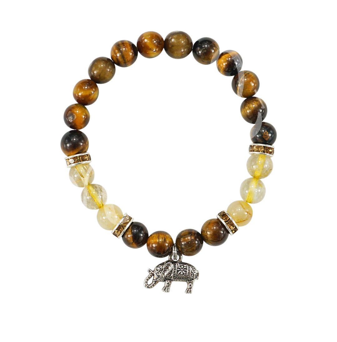 Bracelet Tiger Eye & Honey Jade with Elephant Charm (8-8.5mm) 7.15-7.25"