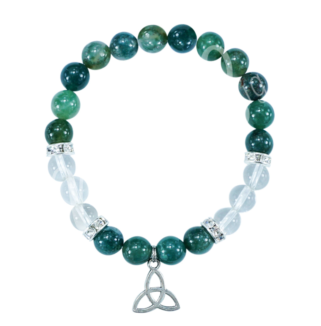 Bracelet Green Moss Agate & Crystal Quartz with Triquetra Charm (8-8.5mm) 7.15-7.25"