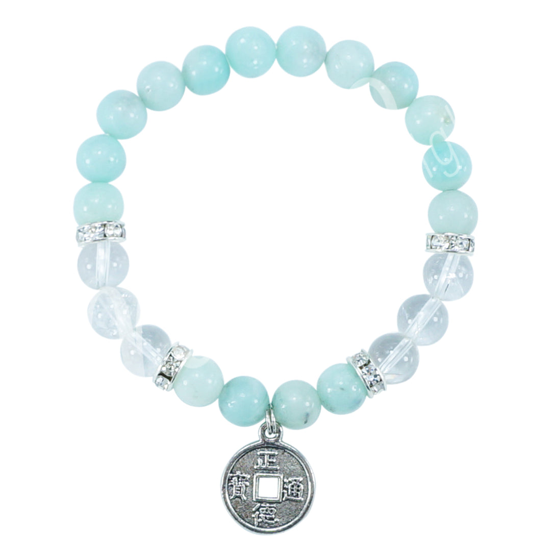 Bracelet Amazonite & Crystal Quartz with Chinese Coin Charm (8-8.5mm) 7.15-7.25"