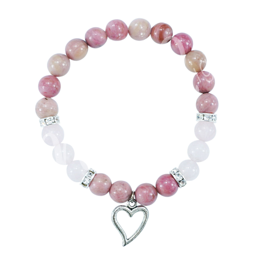 Bracelet Rhodonite & Rose Quartz with Heart Charm (8-8.5mm) 7.15-7.25"