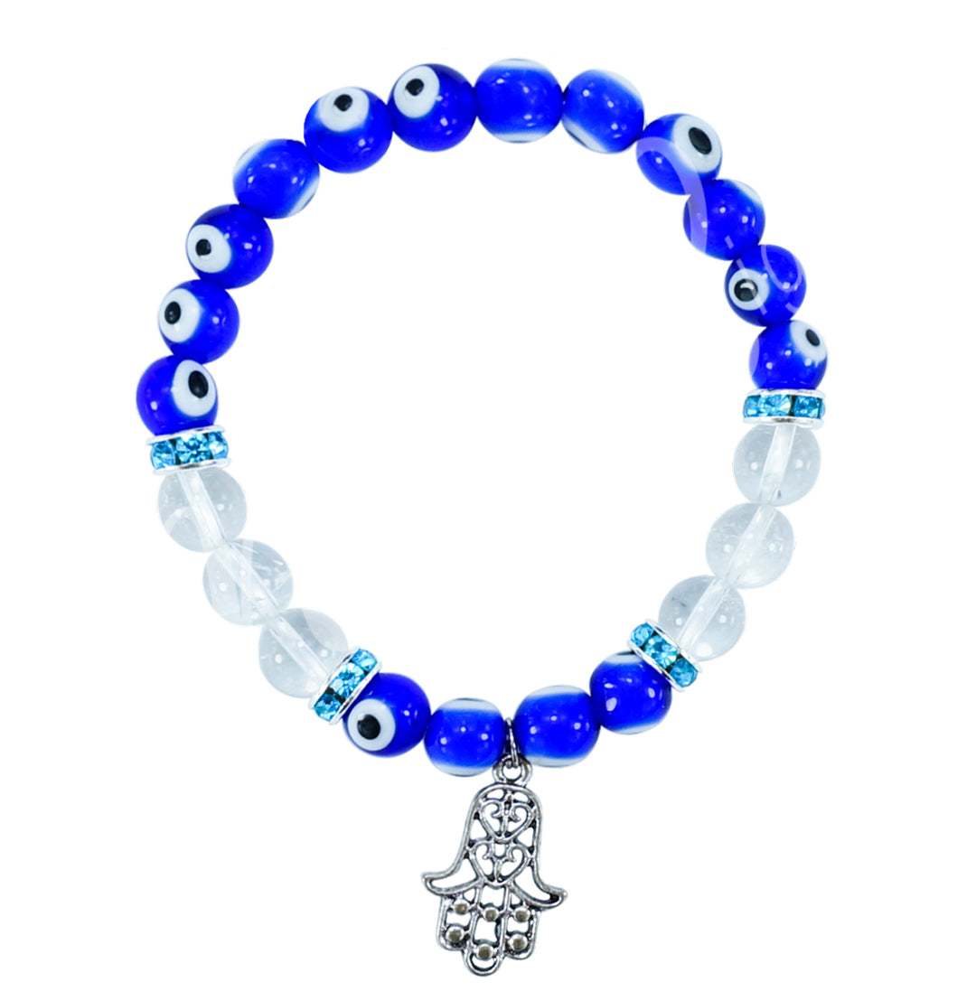 Bracelet Evil Eye & Crystal Quartz with Hand of Fatima Charm (8-8.5 mm) 7.15-7.25"