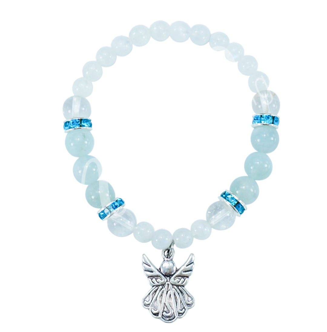 Bracelet Rainbow Moonstone & Aquamarine with Angel Charm (8-8.5mm) 7.15-7.25″