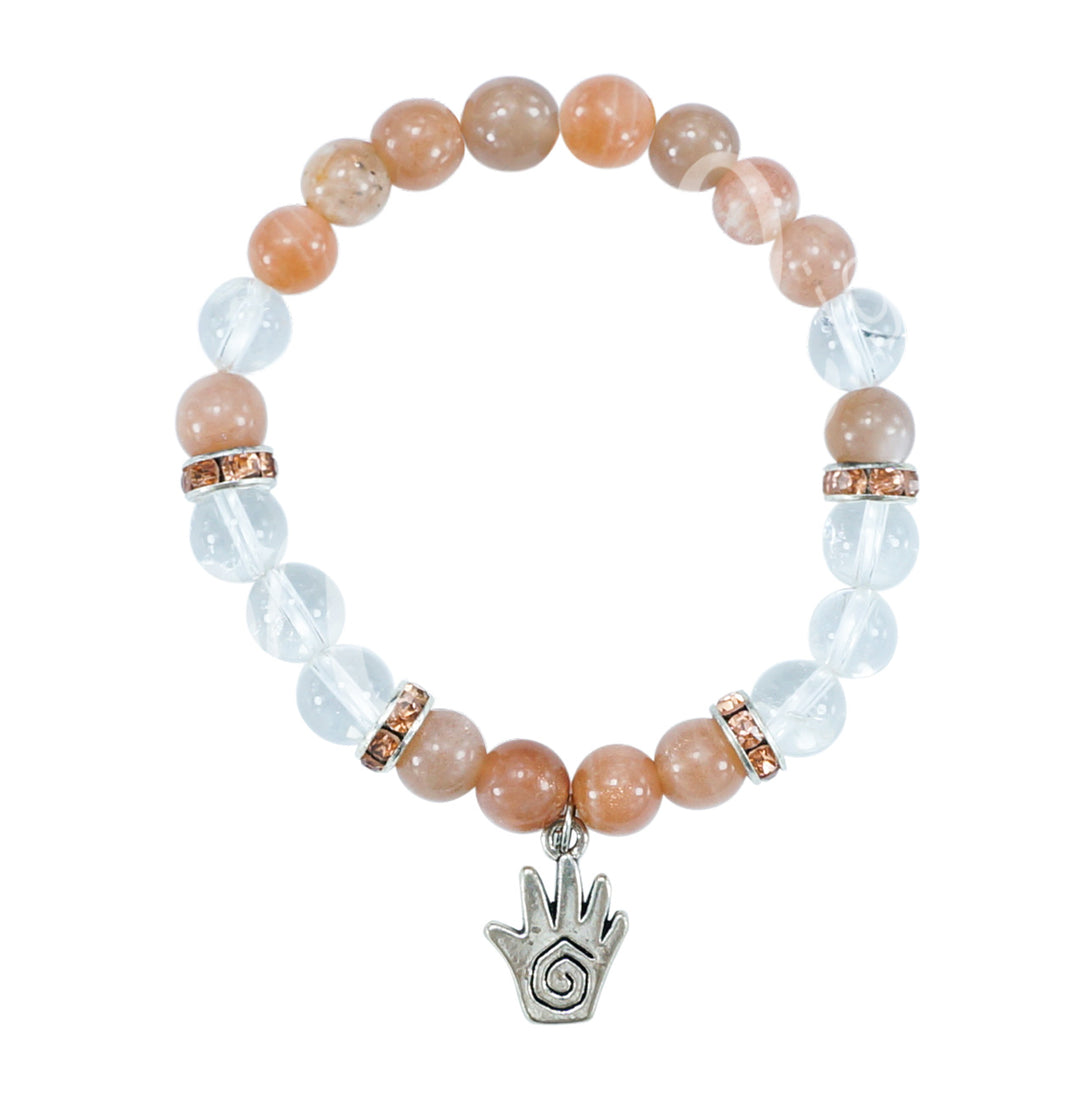 Bracelet Peach Moonstone & Crystal Quartz with Charm (8-8.5mm) 7.15-7.25"