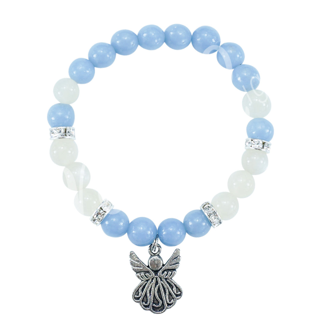 Bracelet Angelite & Rainbow Moonstone w Angel Charm (8-8.5mm) 7.15-7.25"