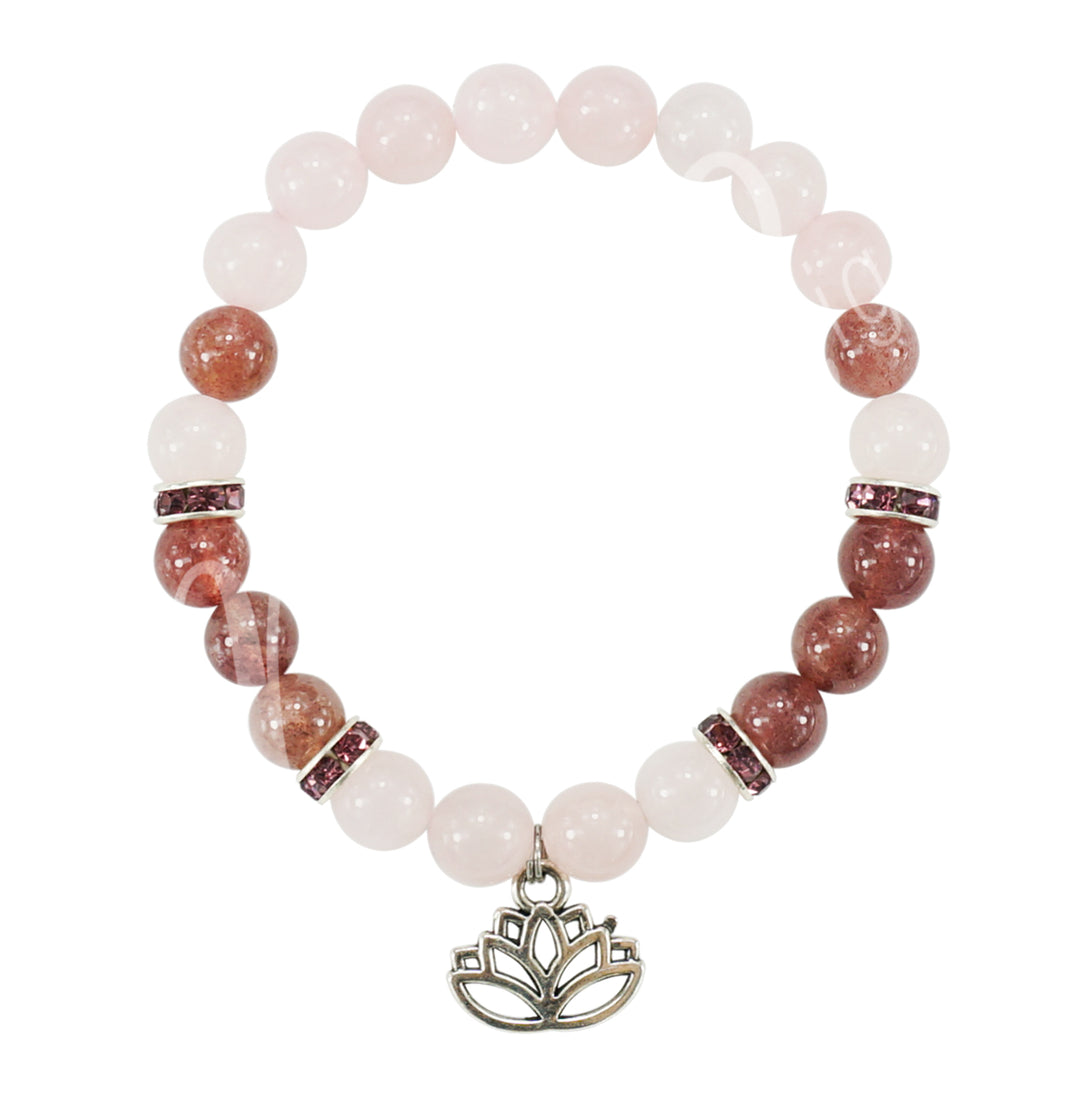 Bracelet Rose Quartz & Strawberry Quartz with Lotus Charm (8-8.5mm) 7.15-7.25"